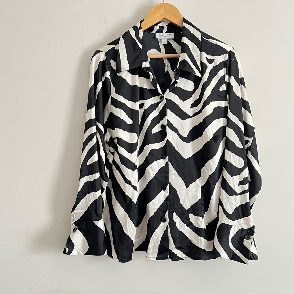 Sergio Hudson Target Button Long Sleeve Shirt Black White Zebra Print Size 1X